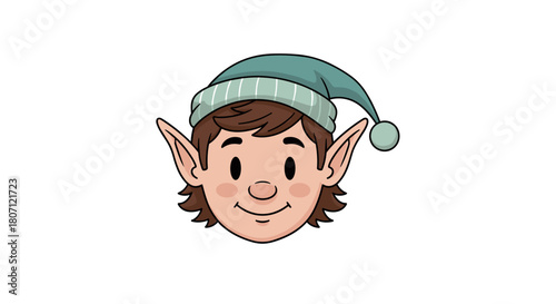 Illustration of a cartoon elf face with a green hat and pointy ears