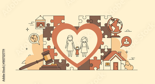 Conceptual illustration of adoption or family law, showing a lesbian couple with a child inside a heart on a puzzle background.