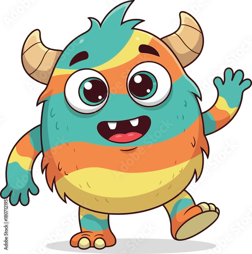 A friendly cartoon monster with two distinct colors orange horns and big eyes standing on white background