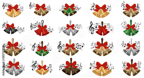Assorted christmas bells with red bows and musical notes on a white background