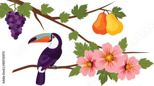 Toucan Bird Perched on a Branch with Fruits and Flowers.
