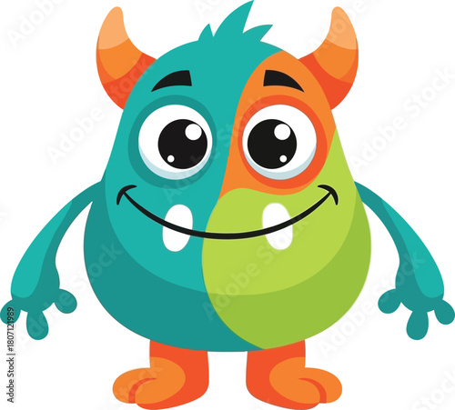 A friendly cartoon monster with two distinct colors orange horns and big eyes standing on white background