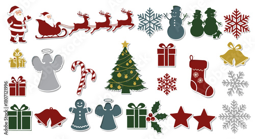 Illustration of various christmas themed icons including santa and reindeer