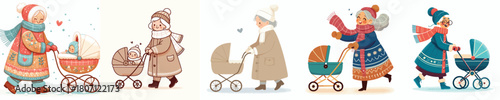 a grandmother pushing a baby stroller in winter