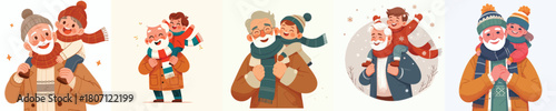 Grandpa holding his happy grandson in winter