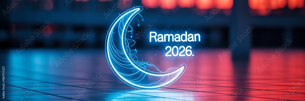 Fototapeta premium Ramadan 2026 neon moon on a futuristic floor