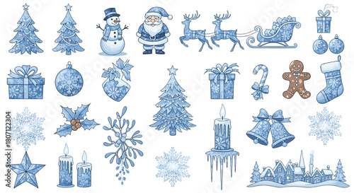 Illustration of various christmas themed objects with blue ice texture