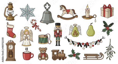 Illustration of various christmas themed objects and decorations arranged neatly