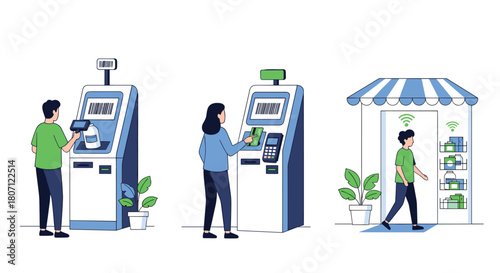 Illustrations of modern retail technology, including self-checkout kiosks, credit card payment, and a cashierless smart store.