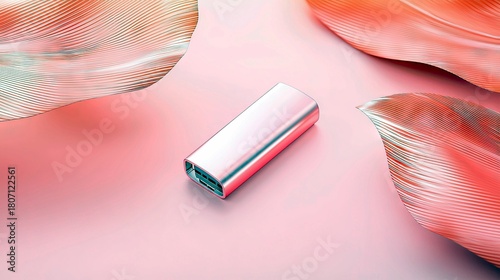 A sleek silver USB-C adapter rests on a soft pink surface, surrounded by flowing, abstract shapes in shades of coral and teal.