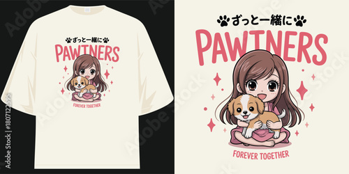 pawtners forever together cute anime girl hugging happy puppy dog illustration t shirt design graphic apparel