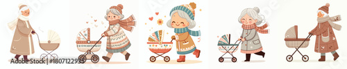a grandmother pushing a baby stroller in winter