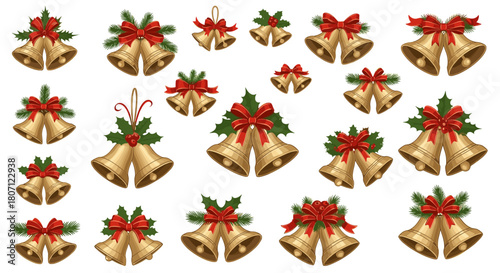 Collection of golden christmas bells adorned with red bows and greenery