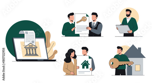 Set of illustrations about real estate and mortgage processes, showing online banking, signing contracts, and receiving keys.