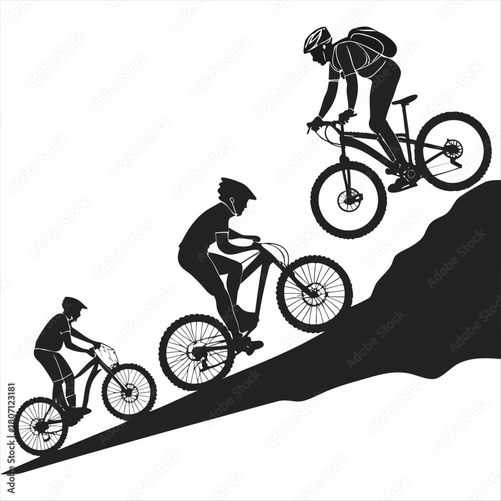 Fototapeta premium Mountain bike silhouette stock illustration Bundle, in silhouette, Mountain bike Lover vector graphic design, Mountains bike vector, Mountain bike