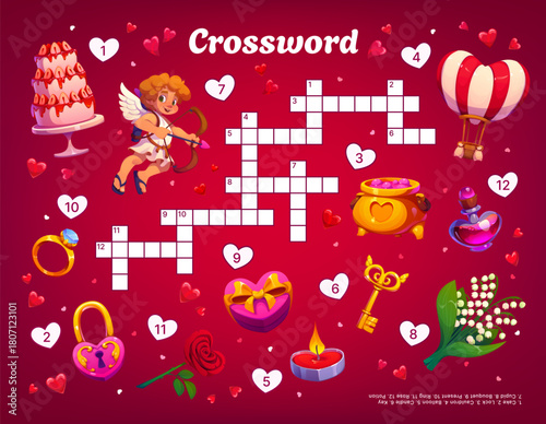 Crossword quiz game grid with valentines day characters. Vector cross word puzzle or riddle task with romantic elements like hearts, cupid, cake, hot air balloon, key, love potion, ring and gift box