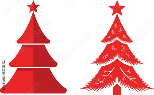 Two festive red Christmas trees with star toppers on white background.
