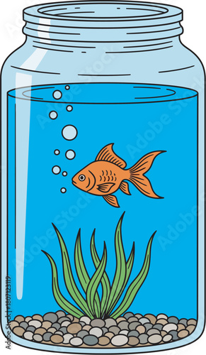 Cartoon goldfish in jar with plants and bubbles art vector illustration 