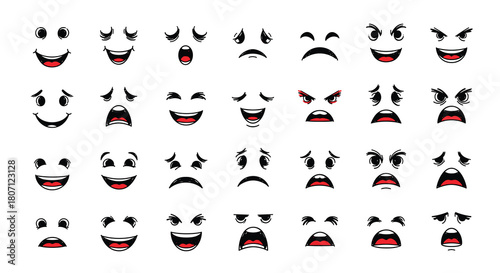 Large set of expressive cartoon facial emotions with a rough, sketchy texture, showing happiness, sadness, anger, and surprise.