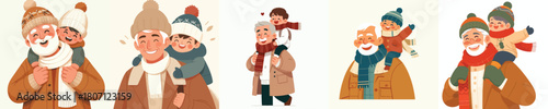 Grandpa holding his happy grandson in winter