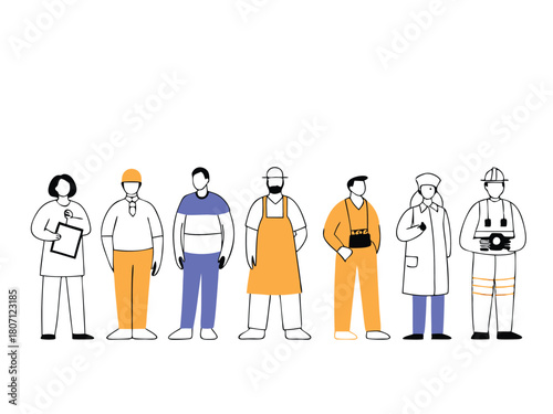 Diverse professions represented in a clean line art style vector with vibrant colors and transparency for design