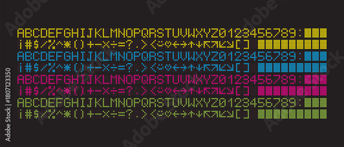Illustration vector of English fonts alphabets in dot matrix styles from A to Z with numbers 0 to 9 and punctuation marks drawing in vector