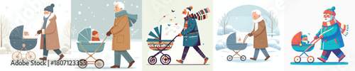 a grandfather pushing a baby stroller in winter