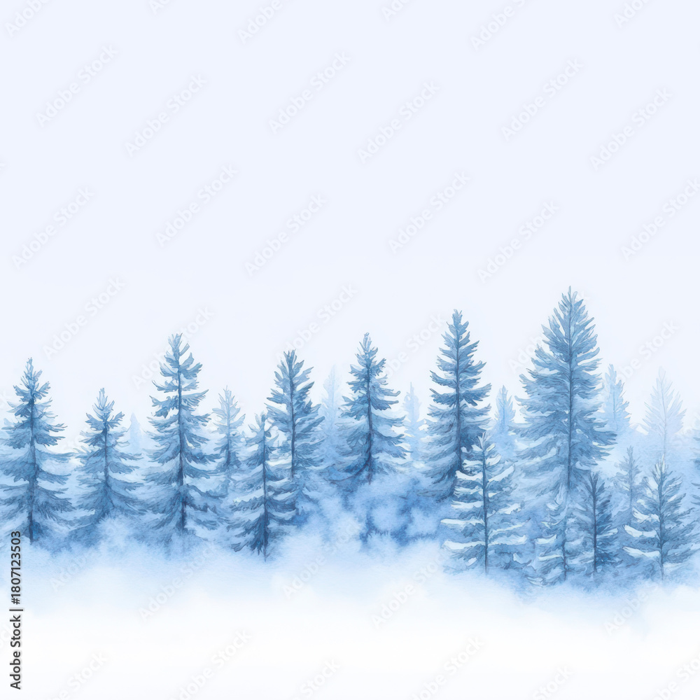 Obraz premium Watercolor Forest Scene: A serene watercolor painting showcases a tranquil winter forest, shrouded in a soft mist that gently obscures the lower section of the trees.