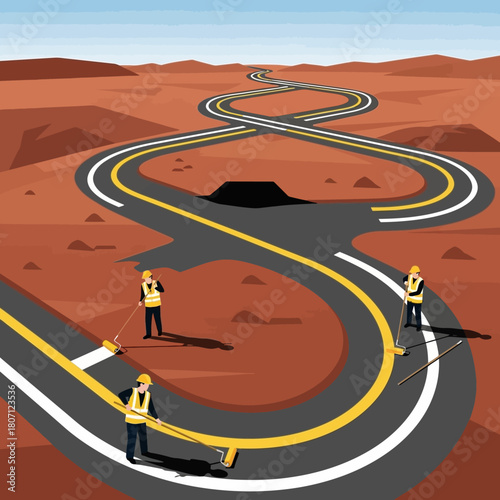 Construction workers painting winding road in desert landscape, creating complex path.