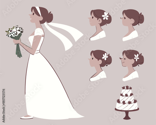 Elegant bride illustration depicting various perspectives and wedding elements with transparency for versatility