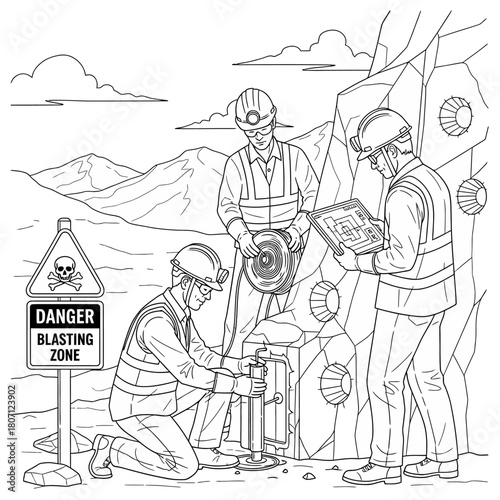 Three workers in safety gear preparing for a controlled explosion in a mining operation.