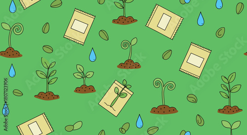 Cute seamless gardening pattern on a green background, featuring sprouting plants, seed packets, falling seeds, and blue water drops.