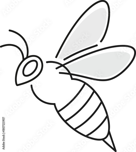 Simple line art illustration of a flying bee with striped abdomen and translucent wings on a white background