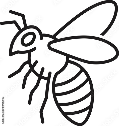 Simple black and white line art icon of a honey bee in flight with striped abdomen and delicate wings