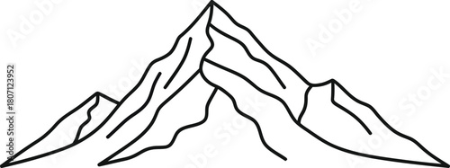 Minimalist hand drawn outline illustration of majestic mountain peaks against a clean white background symbolizing nature and adventure