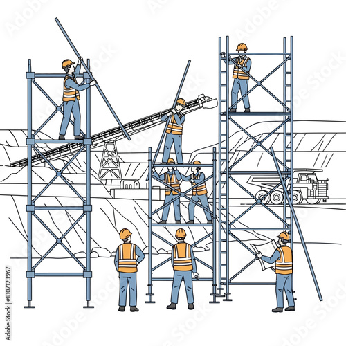 Illustration of construction workers assembling scaffolding at a worksite.