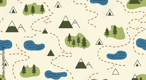 Playful seamless pattern depicting a cartoon adventure map with mountains, forests, lakes, and camping tents connected by dotted trails.