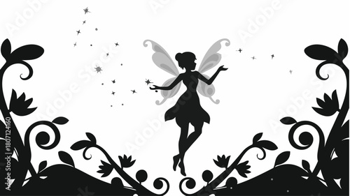Enchanting fairy silhouette with delicate wings, magical pixie dust, and floral accents, perfect for fantasy designs and children's illustrations, vector art