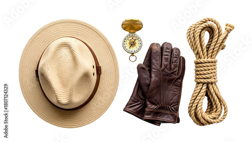 Adventurer's Gear A Straw Hat A Compass Brown Leather Gloves and a Thick Rope Arranged on a Transparent Black Background