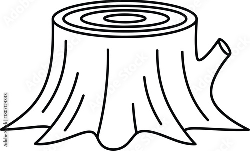Simple hand drawn black and white line art illustration of a tree stump with visible growth rings and a small branch stub