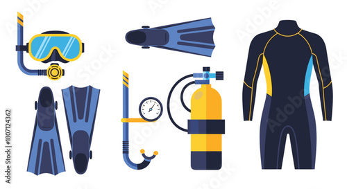 Complete set of essential scuba diving and snorkeling gear, including a wetsuit, oxygen tank, mask, and fins for underwater exploration.