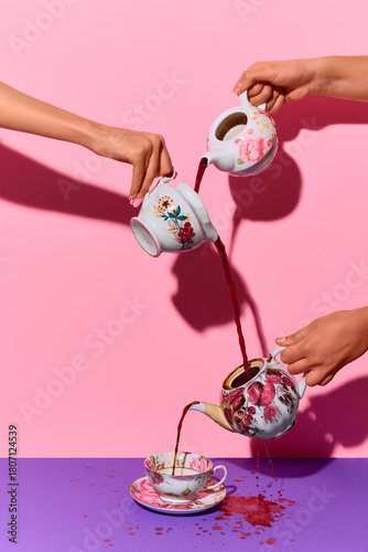 Multiple vintage teapots pouring tea into floral cup on pink and purple background. Concept of cozy cafe promos, menu artwork, tea service branding, drink culture stories, and editorial drink pieces.