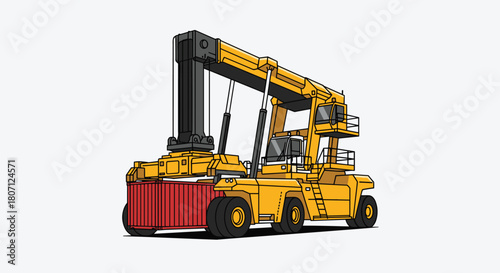 Powerful yellow reach stacker lifting a red cargo container, illustrating essential heavy machinery for port logistics and intermodal freight.