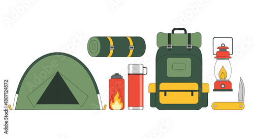 Essential camping and hiking equipment collection in a flat design style, including a tent, backpack, lantern, and thermos.