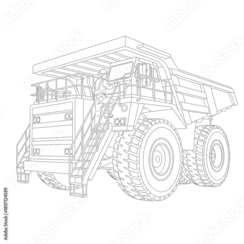 Line art illustration of a large mining haul truck with a driver climbing the stairs into the cab.