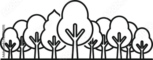 Minimalist line art illustration of a dense forest landscape with various stylized trees against a white background