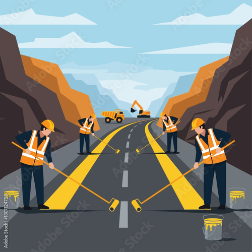 Road construction workers painting yellow lane markings on a new highway through a mountain pass.