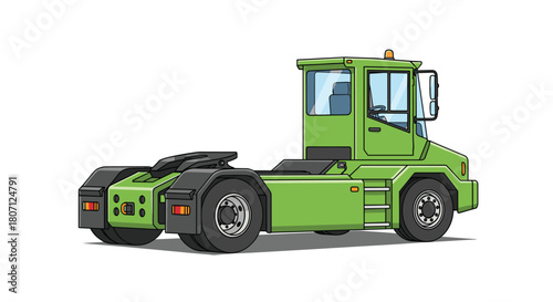 Green terminal tractor, also known as a yard truck or shunt truck, used for moving semi-trailers in a cargo yard or port.