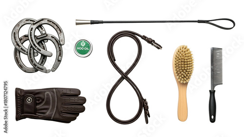 Equestrian Accessories Arranged On Black Background Featuring Horse Shoes Bridle Whip Gloves Brush And Comb Detail