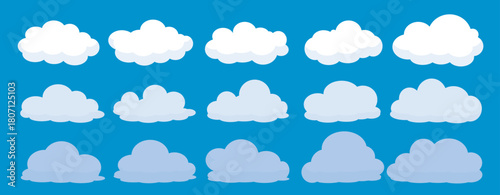 set of vector illustrations of clumpy clouds, cloud bubbles in flat style on a blue background	